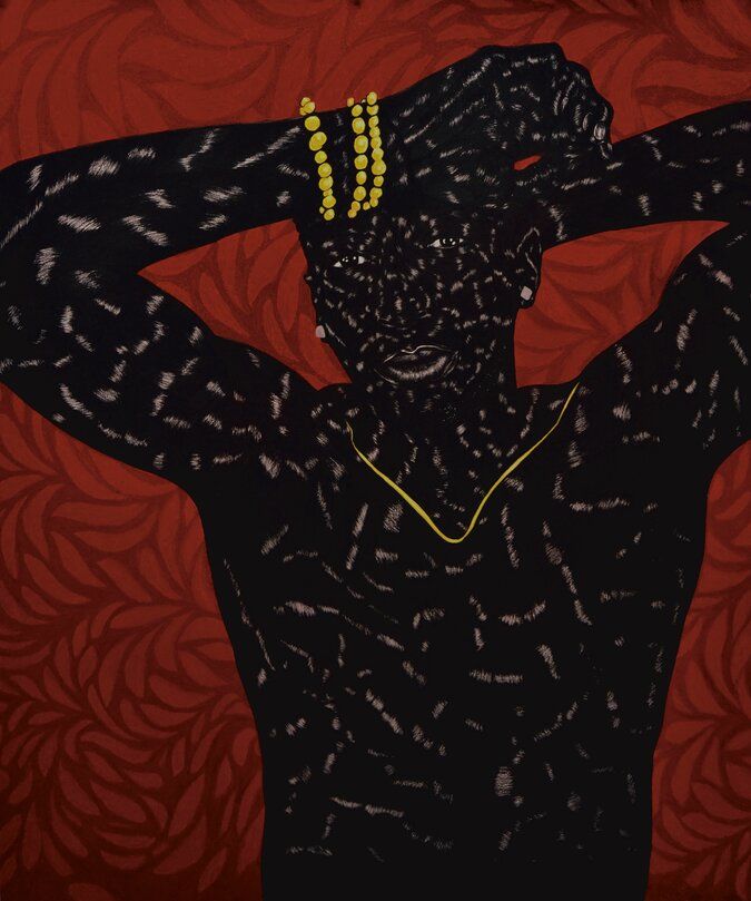 Textured painting of a black man with his arms resting above his head, staring directly at the viewer.
